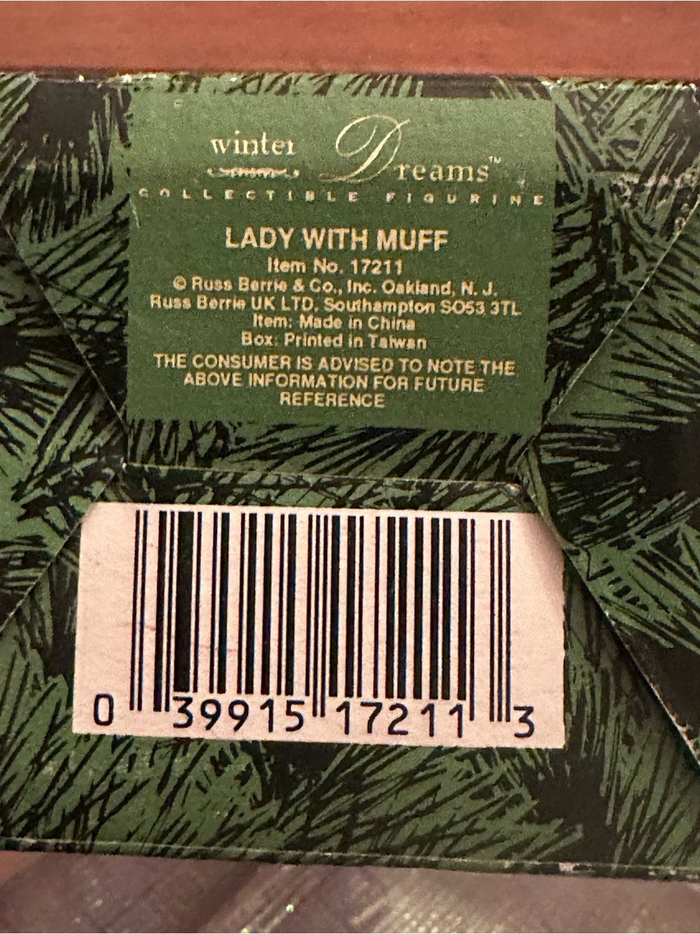 Russ 'Lady with Muff' Holiday Figurine Box in Green and Gold
